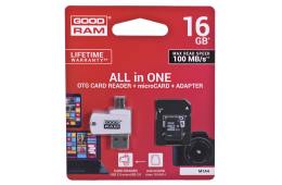 Karta pamięci z adapterem i czytnikiem kart GoodRam All in one M1A4-0160R12 (16GB; Class 10; Adapter, Czytnik kart MicroSDHC, Karta pamięci)